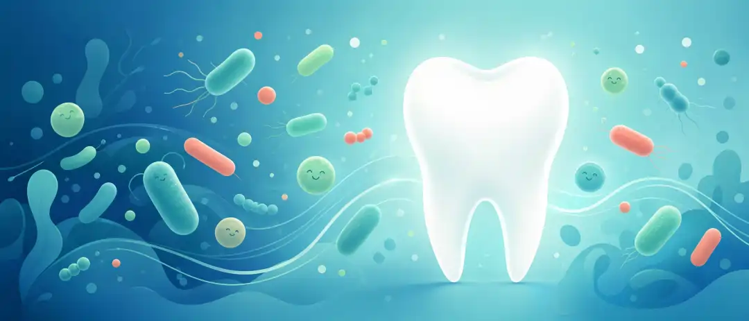 Editorial illustration of a microscope lens revealing colorful probiotic bacteria, representing oral microbiome research